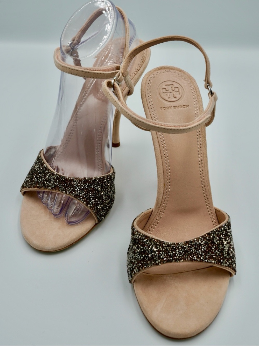 Tory Burch Elodie Nude Pink Suede & Silver Beaded Sandals Heels Size 10